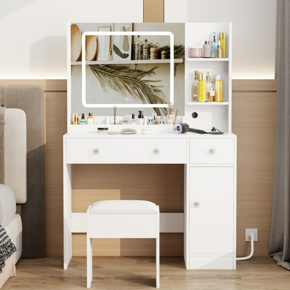Dyzmo Makeup Vanity Desk Set With Led Lighted Mirror and Power Outlet, Makeup Table Top with 3 Open Bookcases, 3 Cubbies, 2 Drawers, Dresser Table for Bedroom, Checkroom