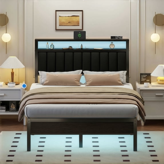 Dyzmo Queen Size Bed Frame with Headboard and Footboard, Metal Platform Bed Frame with Smart LED Lights, Heavy Duty Metal Support, No Box Spring Needed, Easy Assembly, Black Oak