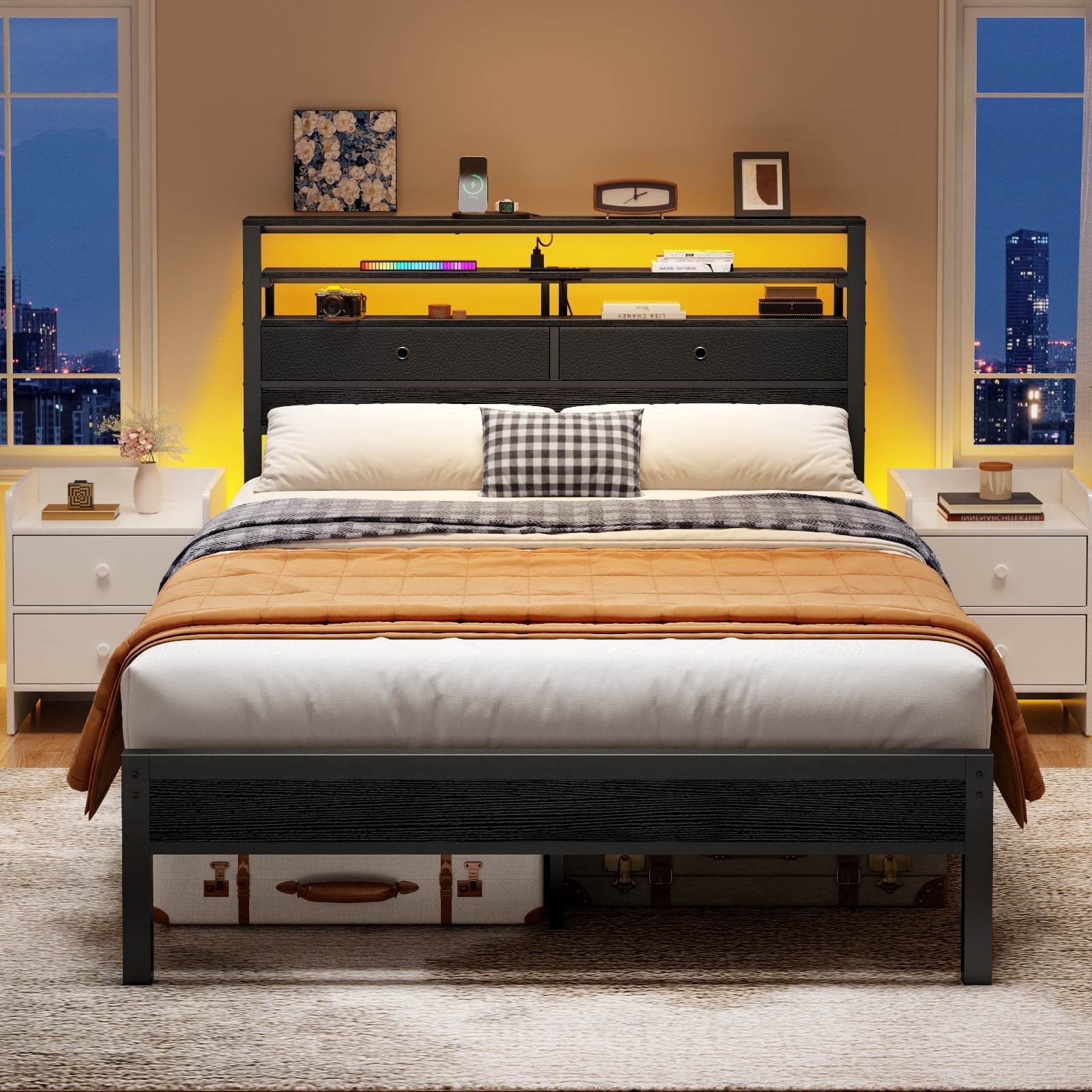 Dyzmo Full Size Bed Frame with Charging Station Storage Headboard Under Bed Storage Space, LED Platform Bed with High Headboard and Wooden Slats, No Box Spring Needed