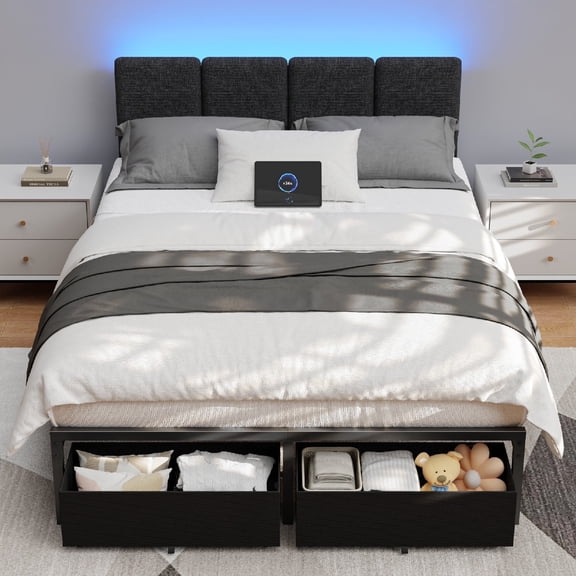 Dyzmo Full Size Upholstered Bed Frame with 2 Storage Drawers, Modern Platform Bed with Charging Station & LED Light, No Spring Box Needed