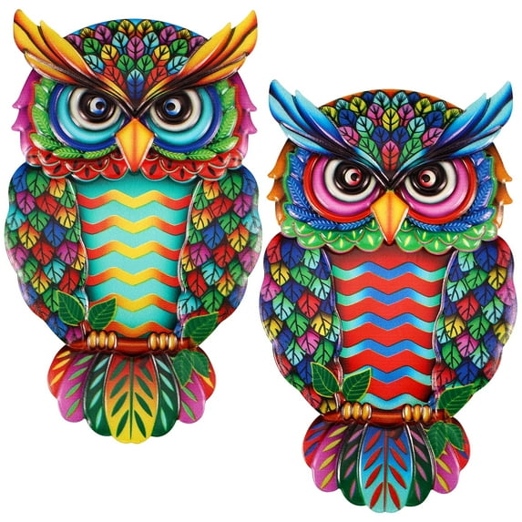 Dznils 2 Pcs Metal Owl Wall Decor 10 Inches Metal Outdoor Wall Art Colorful Hanging Wall Sculptures