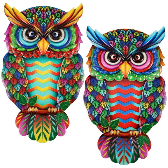 Dznils 2 Pcs Metal Owl Wall Decor 10 Inches Metal Outdoor Wall Art Colorful Hanging Wall Sculptures