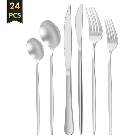 Dznils 24-Piece Silverware Sets, Stainless Steel Flatware Cutlery Set, Service for 4 Adults, Silver