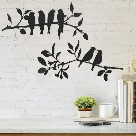 Dznils 2Pcs Metal Birds Wall Art Hanging Metal Wall Decor Birds on Branch Iron Scroll Sculptures