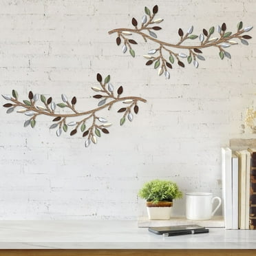 Dznils 2Pcs Metal Tree Leaf Wall Art Vine Olive Branch Leaf Wall Decor Wrought Iron Scroll Sculptures, Colorful