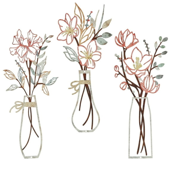 Dznils 3Pcs Metal Flower Wall Decor Farmhouse Minimalist Wall Art Hanging Wall Sculpture, Red