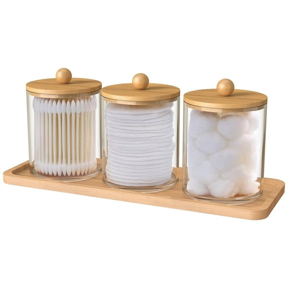 Dznils 3 Pack Acrylic Qtip Holder Bathroom Set, 10 oz Clear Apothecary Jar, Cotton Swab Container with Bamboo Lid & Tray