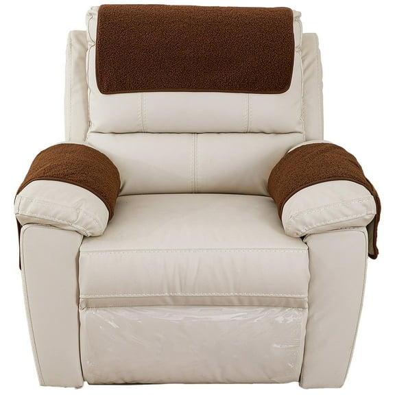 Dznils 3 Pieces Recliner Headrest Covers Sherpa Couch Sofa Slipcover Furniture Protector, Coffee