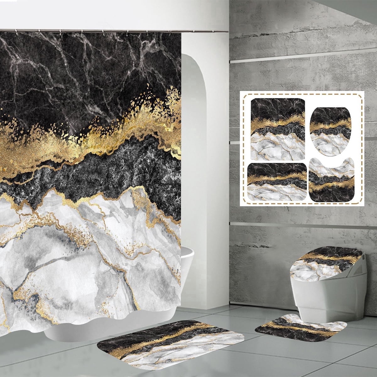 Dznils Marble Shower Curtain and Bath Rug Set, Modern Fabric Bathroom Curtain Sets, 72" x 72", Black