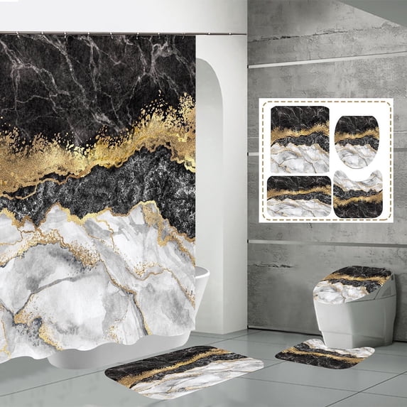 Dznils Marble Shower Curtain and Bath Rug Set, Modern Fabric Bathroom Curtain Sets, 72" x 72", Black