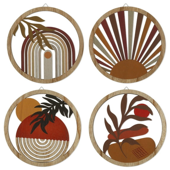 Dznils 4 Pieces Boho Wall Art Farmhouse Wooden Wall Decor 10 inch Round Bedroom Hanging Decor, Brown