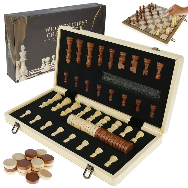 15 Inch Wooden Chess and Checkers Set 2 in 1 Checkers Board Games 2 Player  Wooden Travel Chess Game Set 24 Pcs Folding Chess Pieces with 3 Storage