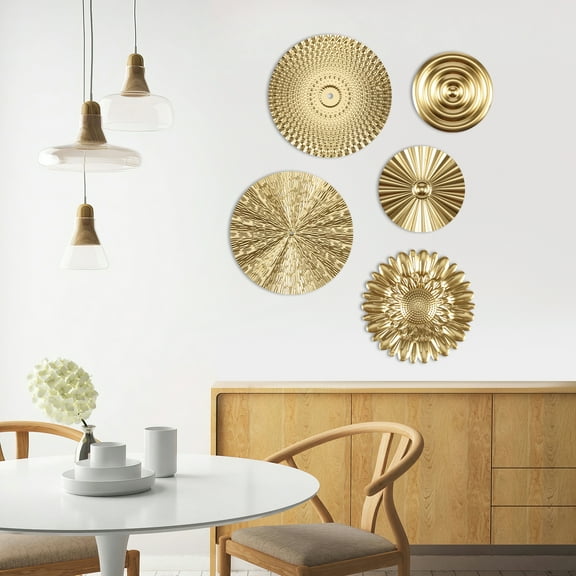 Dznils 5Pcs Gold Metal Plate Wall Decor Morden Round Hanging Metal Wall Art Indoor Wall Sculptures