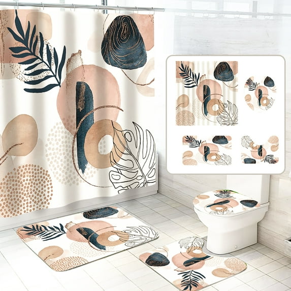 Dznils Abstract Boho Fabric Shower Curtain and Rug Sets, 16pc Modern Bathroom Sets, Cream, 72" x 72"