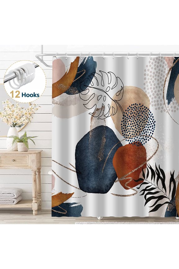Abstract Shower Curtain, Boho Mid Century Modern Neutral Geometric Bathroom Curtain Decor with 12 Hooks, 72" x 72"