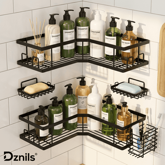 Dznils Adhesive Shower Caddy Corner 5 Pack, Large Capacity No Drilling Wall-Mounted Bathroom Organizer Basket, Black