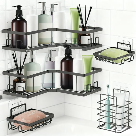 Dznils Adhesive Shower Caddy Corner 5 Pack, Large Capacity No Drilling Wall-Mounted Bathroom Organizer Basket, Gray