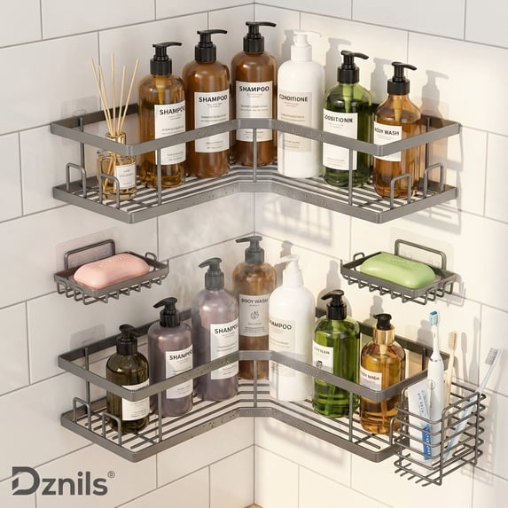 Dznils Adhesive Corner Shower Caddy 5 Pack, Large Capacity No Drilling Wall-Mounted Bathroom Organizer Basket, Gray