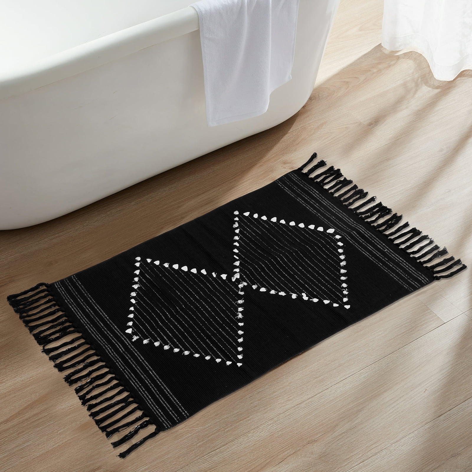 Black Boho Bathroom Rugs, Farmhouse Geometric Polyester Bath Mat with Tassel, 24" x 35" - Walmart.com