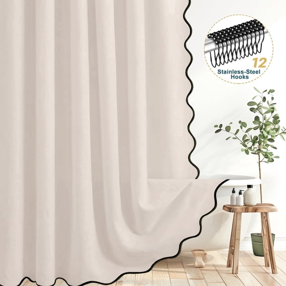 Dznils Black Scalloped Boho Shower Curtain with Hooks, Water-Repellent Thick Linen Fabric Bathroom Curtain, Beige, 72" x 72"