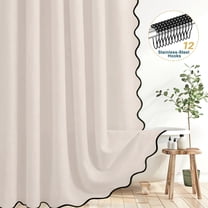 Dznils Black Scalloped Boho Shower Curtain with Hooks, Water-Repellent Thick Linen Fabric Bathroom Curtain, Beige, 72" x 72"