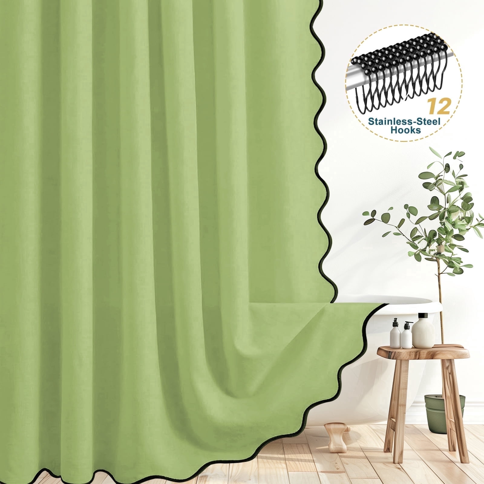 Dznils Black Scalloped Boho Shower Curtain with Hooks, Water-Repellent Thick Linen Fabric Bathroom Curtain, Green, 72" x 72"