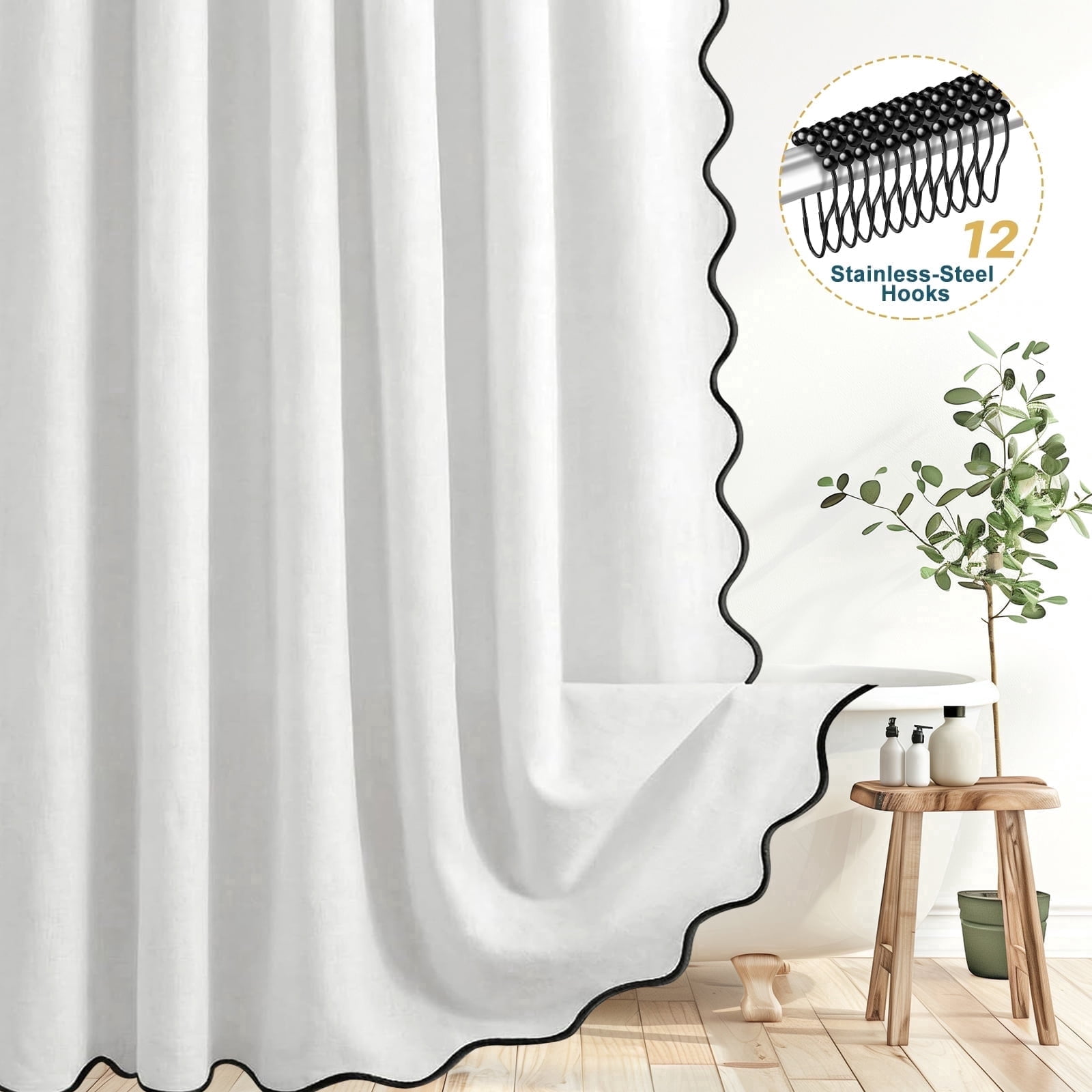 Dznils Black Scalloped Boho Shower Curtain with Hooks, Water-Repellent Thick Linen Fabric Bathroom Curtain, White, 72" x 72"