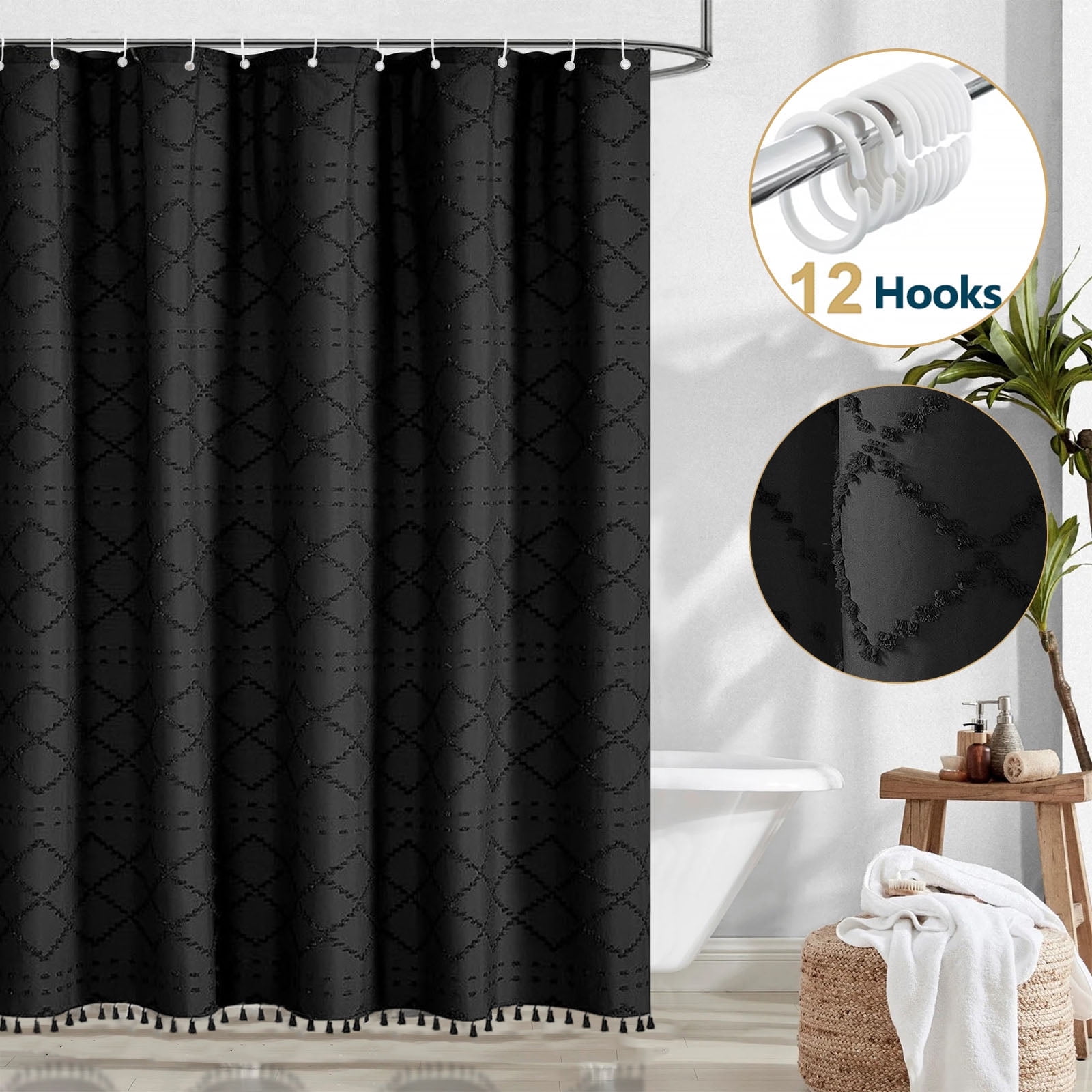 Dznils Black Tassel Shower Curtain with Hooks, Boho Tufted Textured ...