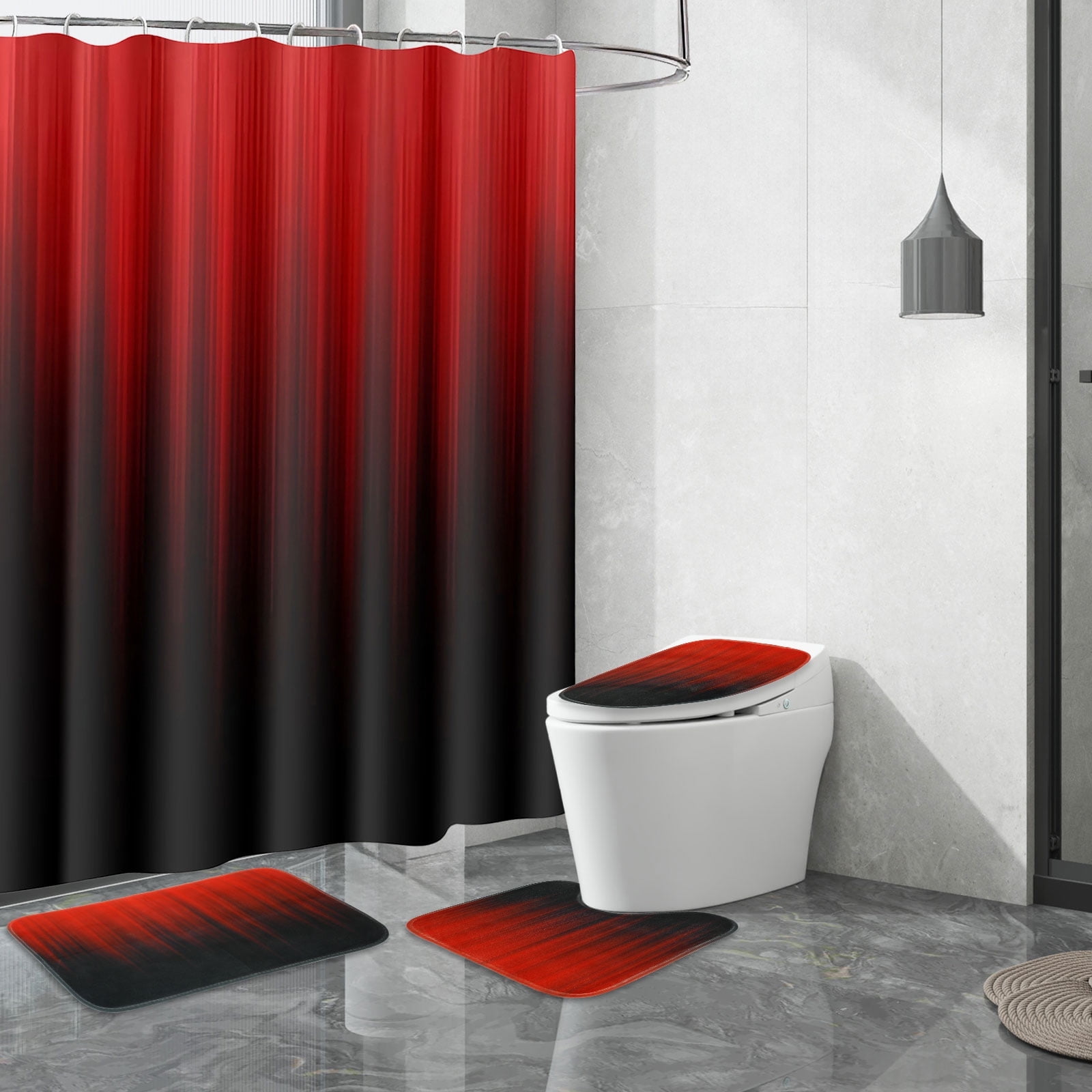 Dznils Black and Red Ombre Shower Curtain Set with Rug, 16pc Modern Bathroom Decor Set, 72" x 72"