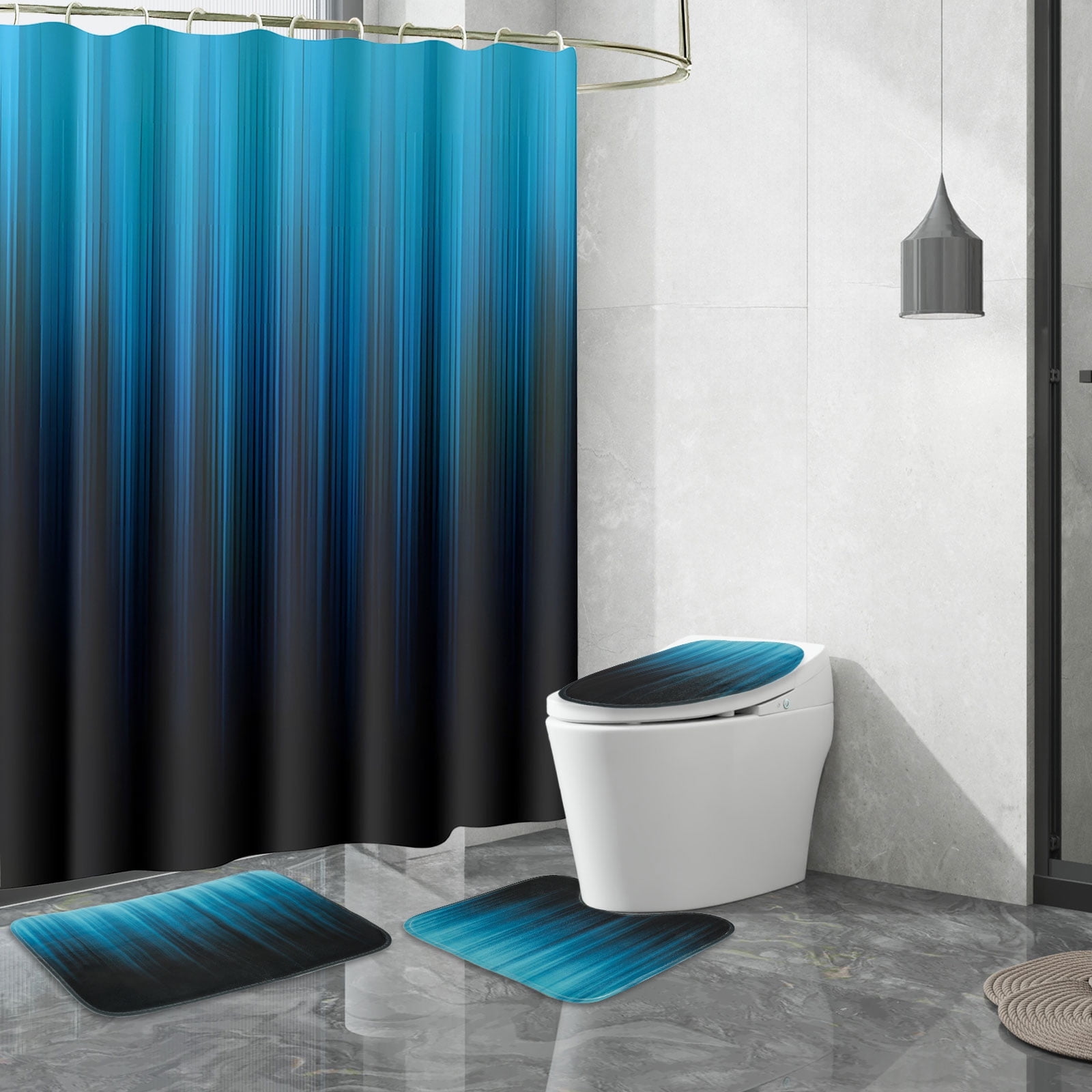 Dznils Black and Teal Ombre Shower Curtain Set with Rug, 16pc Modern Bathroom Decor Set, 72" x 72"