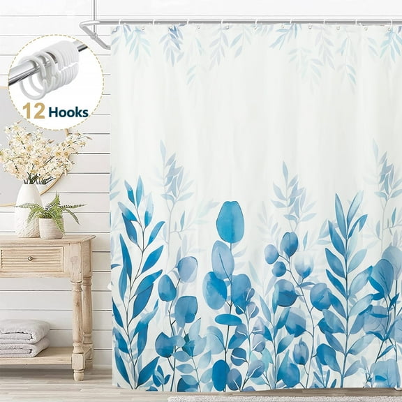 Dznils Blue Eucalyptus Fabric Shower Curtain, Modern Floral Bathroom Curtain with Hooks, 72" x 72"