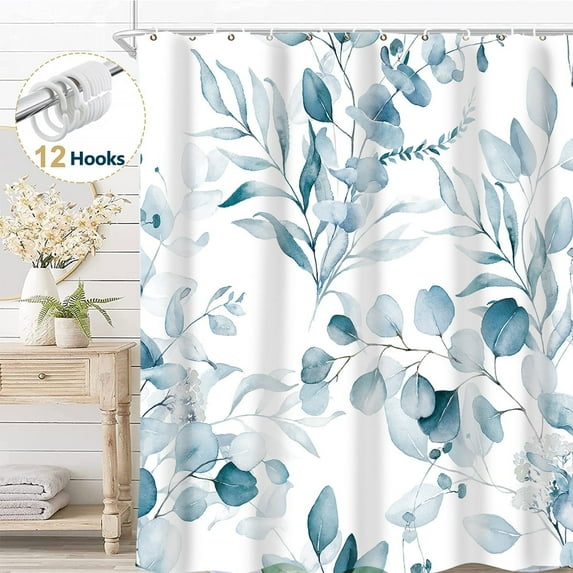 Dznils Blue Eucalyptus Fabric Shower Curtain, Watercolor Botanical Pattern with 12 Hooks, 72" x 72"