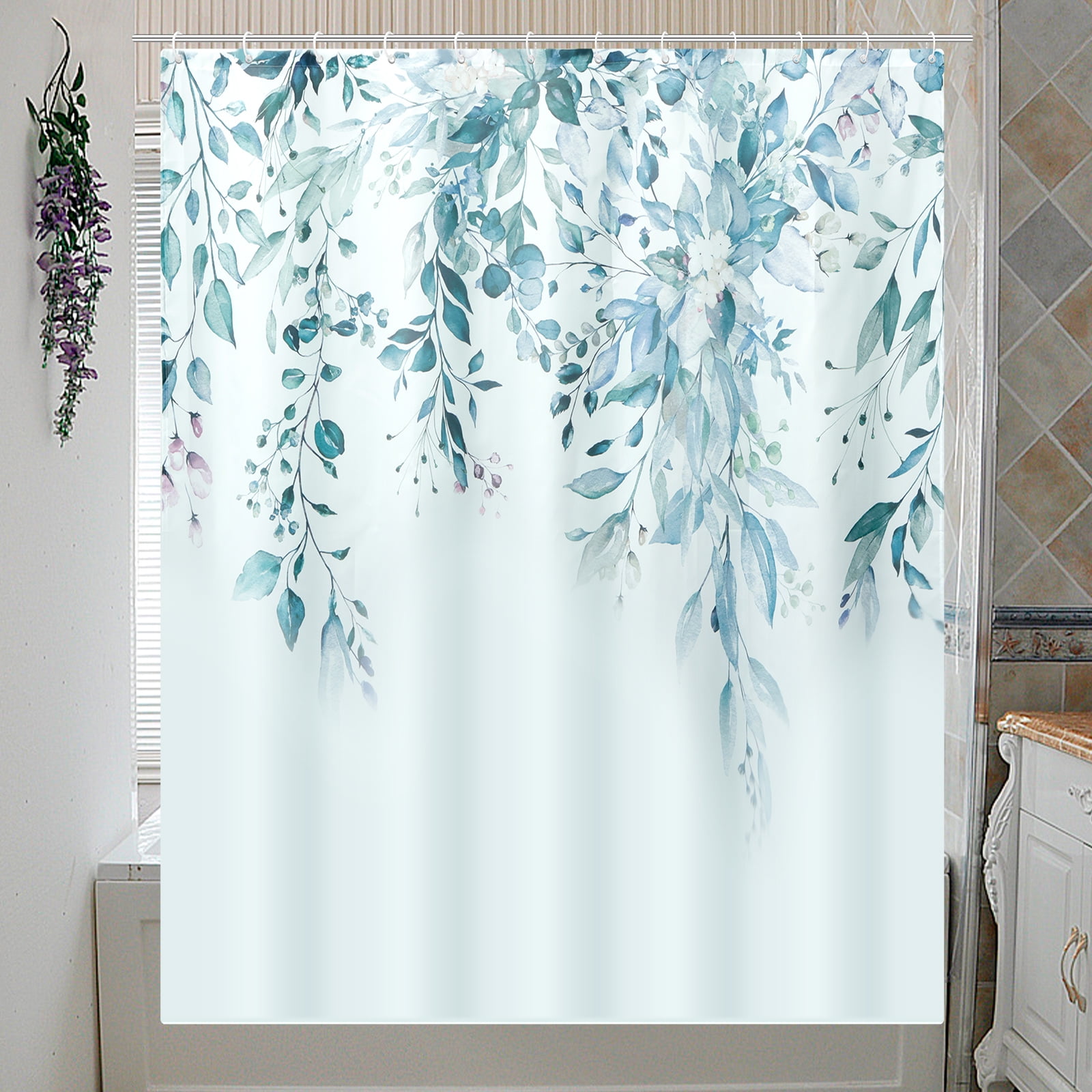 Dznils Blue Eucalyptus Fabric Shower Curtain, Watercolor Floral Pattern