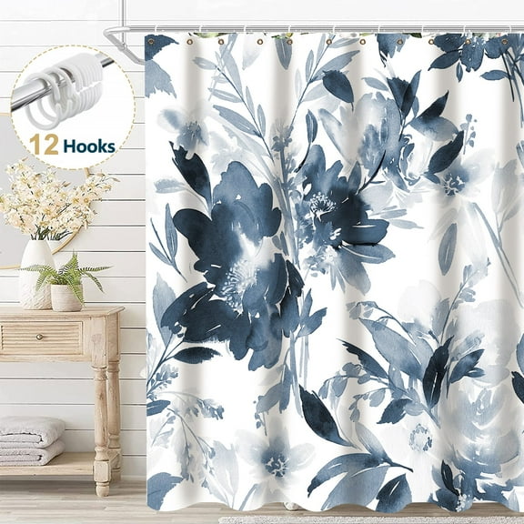 Dznils Blue Floral Fabric Shower Curtain, Modern Watercolor Bathroom Curtain with Hooks, 72" x 72"