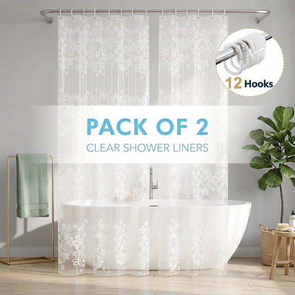 Dznils Clear PEVA Shower Curtain Liner Bathroom with Hooks Mildew Resistant Waterproof, 72" W x 78" H, White Floral, 2 Pack