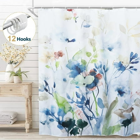 Dznils Blue Floral Fabric Shower Curtain, Watercolor Botanical Patterned with 12 Hooks, 72" x 72"