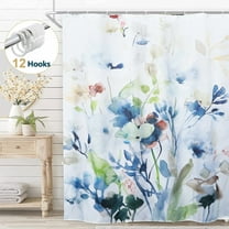 Dznils Blue Floral Fabric Shower Curtain, Watercolor Botanical Patterned with 12 Hooks, 72" x 72"