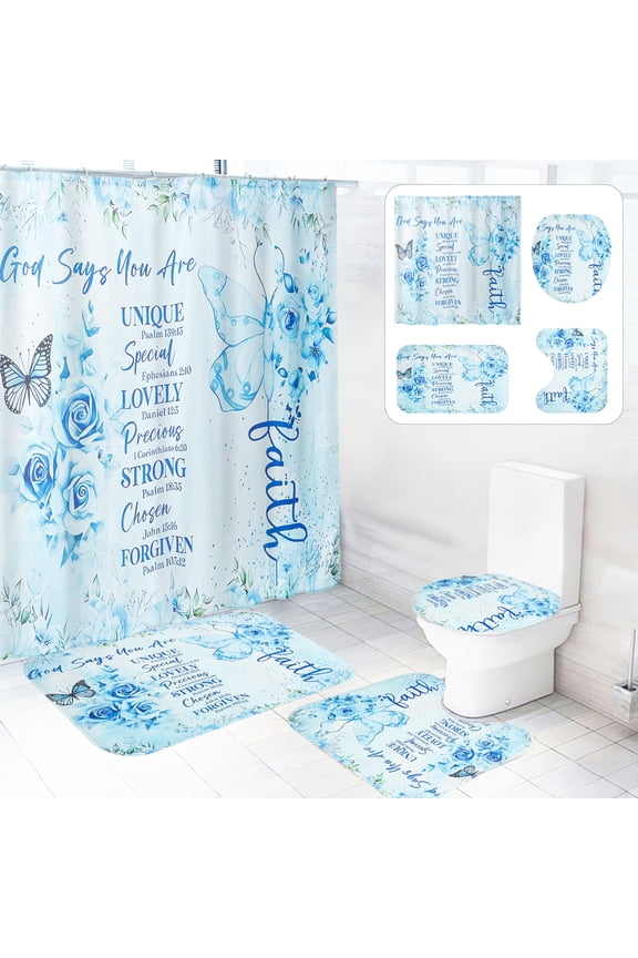 Blue Floral Shower Curtain Sets with Rugs, 16pc Butterfly Bathroom Curtain Set, 72" x 72"