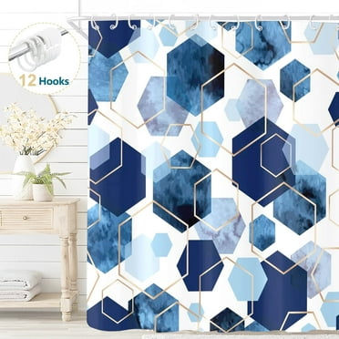 Dznils Blue Geometric Fabric Shower Curtain, Modern Abstract Bathroom Curtain with Hooks, 72" x 72"