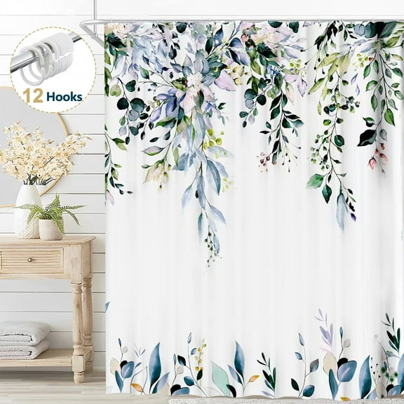 Dznils Blue Green Eucalyptus Fabric Shower Curtain, Watercolor Floral Pattern with Hooks, 72" x 72"