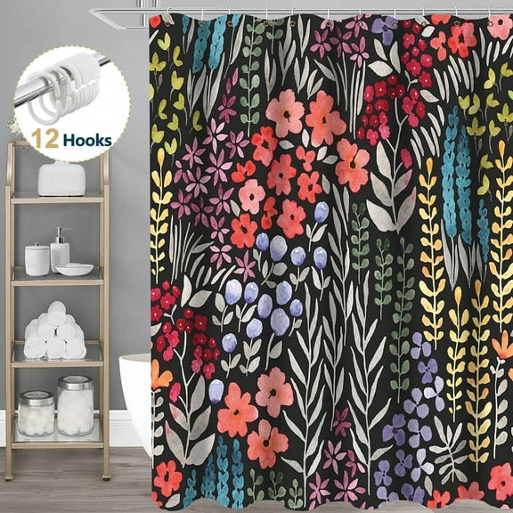 Dznils Boho Colorful Floral Fabric Shower Curtain, Watercolor Pattern with Hooks, 72" x 72", Black