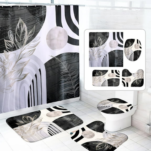Dznils Boho Fabric Shower Curtain and Rug Sets, 16pc Modern Abstract Bathroom Sets, Black, 72" x 72"