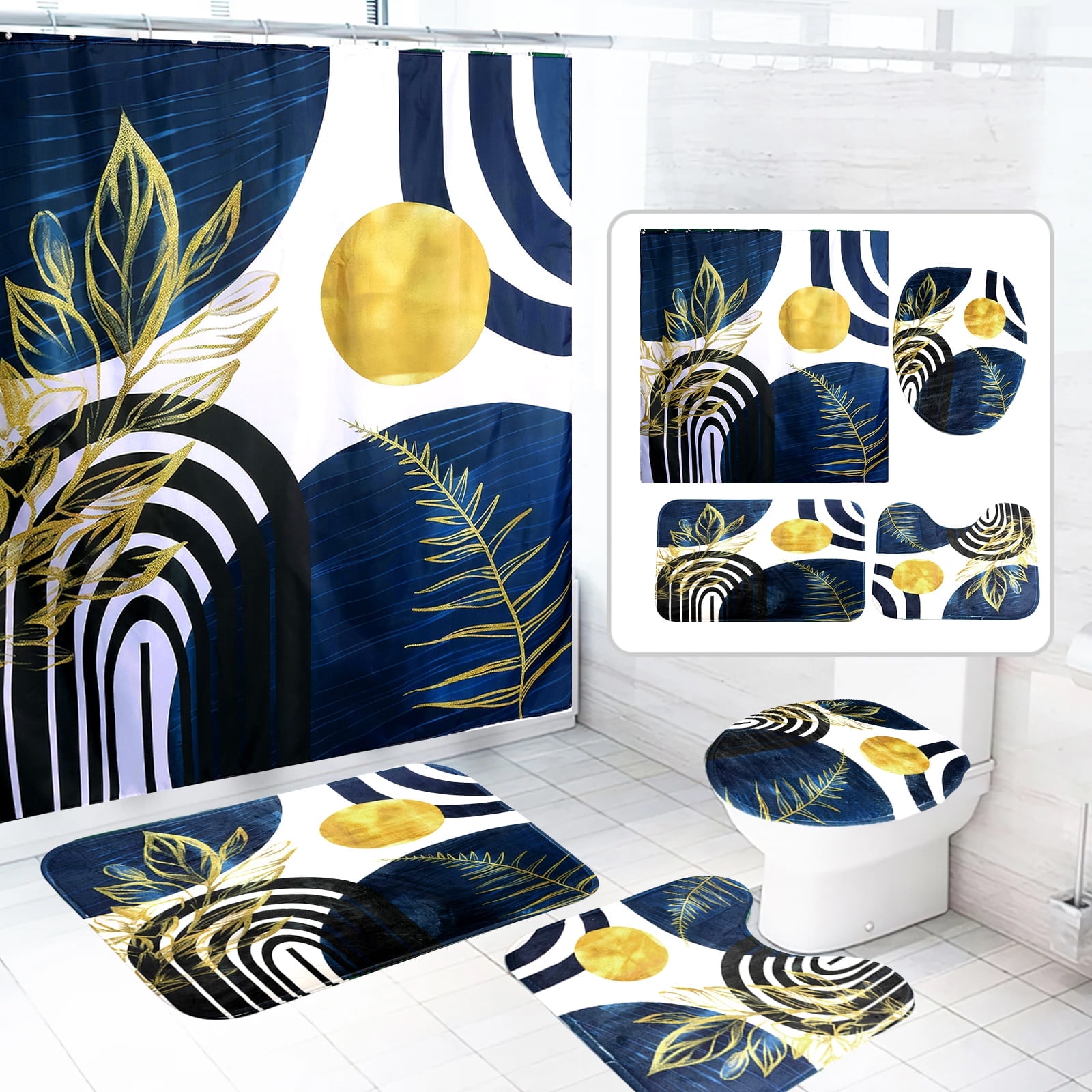 Dznils Boho Fabric Shower Curtain and Rug Sets, 16pc Modern Abstract Bathroom Sets, Blue, 72" x 72"