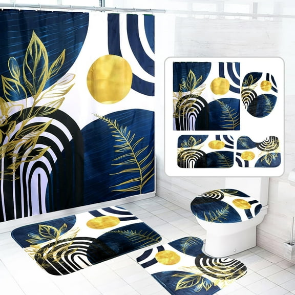 Dznils Boho Fabric Shower Curtain and Rug Sets, 16pc Modern Abstract Bathroom Sets, Blue, 72" x 72"