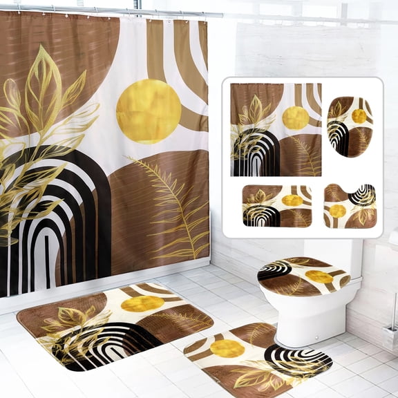 Dznils Boho Fabric Shower Curtain and Rug Sets, 16pc Modern Abstract Bathroom Sets, Brown, 72" x 72"
