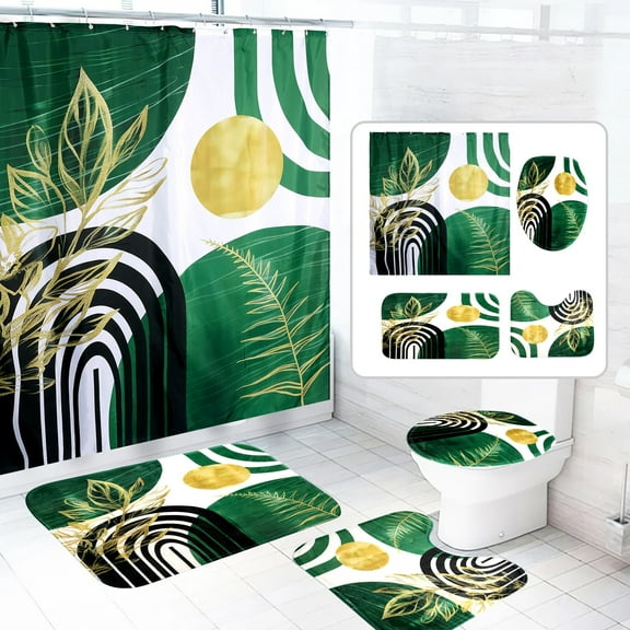 Dznils Boho Fabric Shower Curtain and Rug Sets, 16pc Modern Abstract Bathroom Sets, Green, 72" x 72"