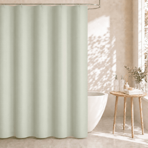 Dznils Waffle Shower Curtain with Hooks, Thick Weighted Fabric Bathroom Curtain, Green, 72" x 72"