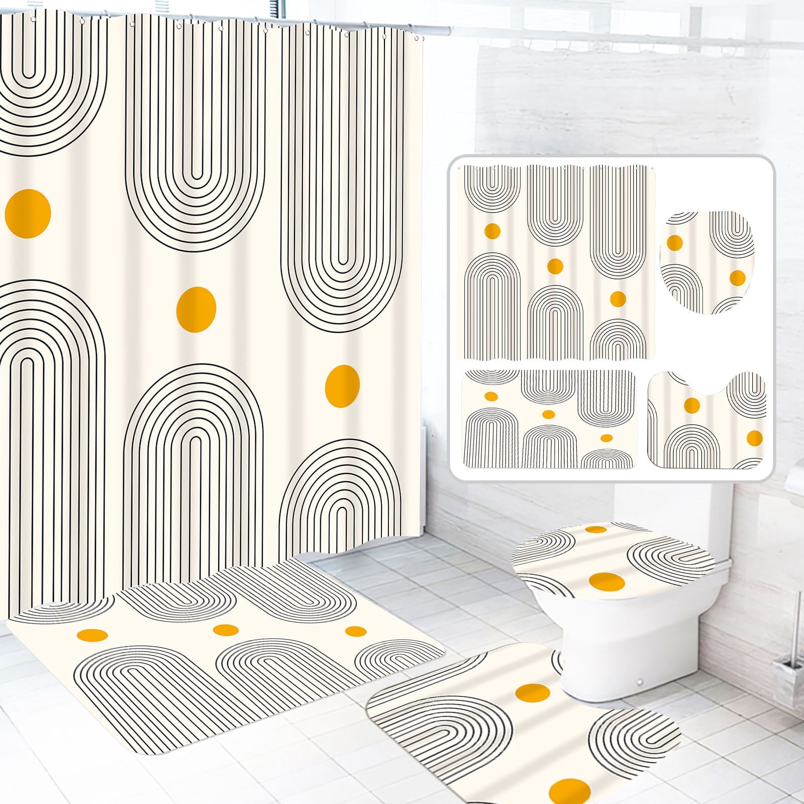 Dznils Boho Fabric Shower Curtains and Bath Rug Set, Modern Bathroom Curtain Sets, Beige, 72" x 72"
