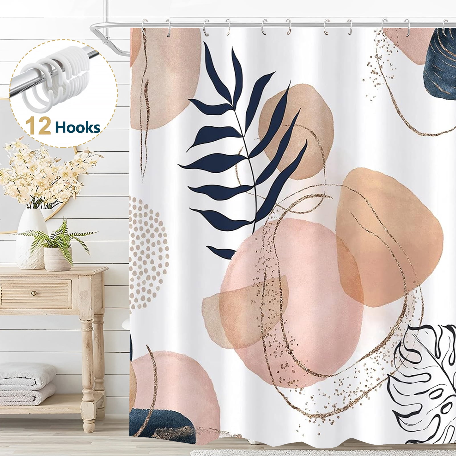 Dznils Boho Shower Curtain, Abstract Modern Geometric Bathroom Curtain with 12 Hooks, 72" x 72", Cream