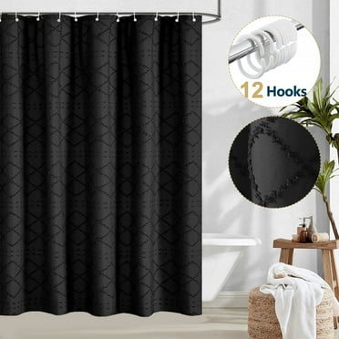 Dznils Boho Shower Curtain, Modern Textured Fabric Bathroom Curtain with 12 Hooks, Black, 72" x 72"